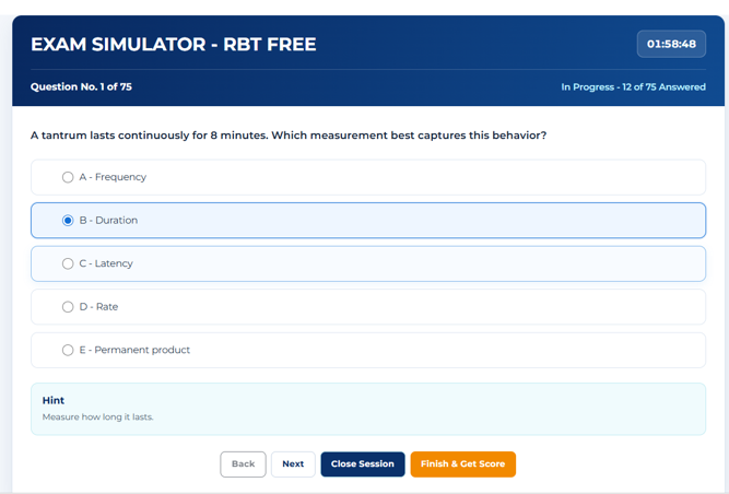 Actual RBT timed exam simulator showing the countdown, question, answer choices, hint, and session controls